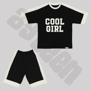 ست دخترانه آستین کوتاه و شلوارک بغل نوار طرح COOL GIRL