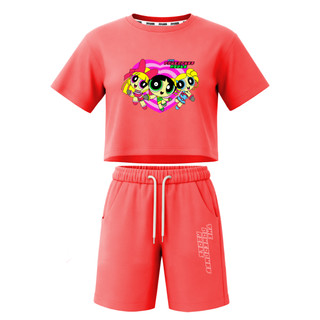 ست تیشرت آستین کوتاه کراپ باکسی و شلوارک دخترانه طرح پاورپاف powerpuff girls